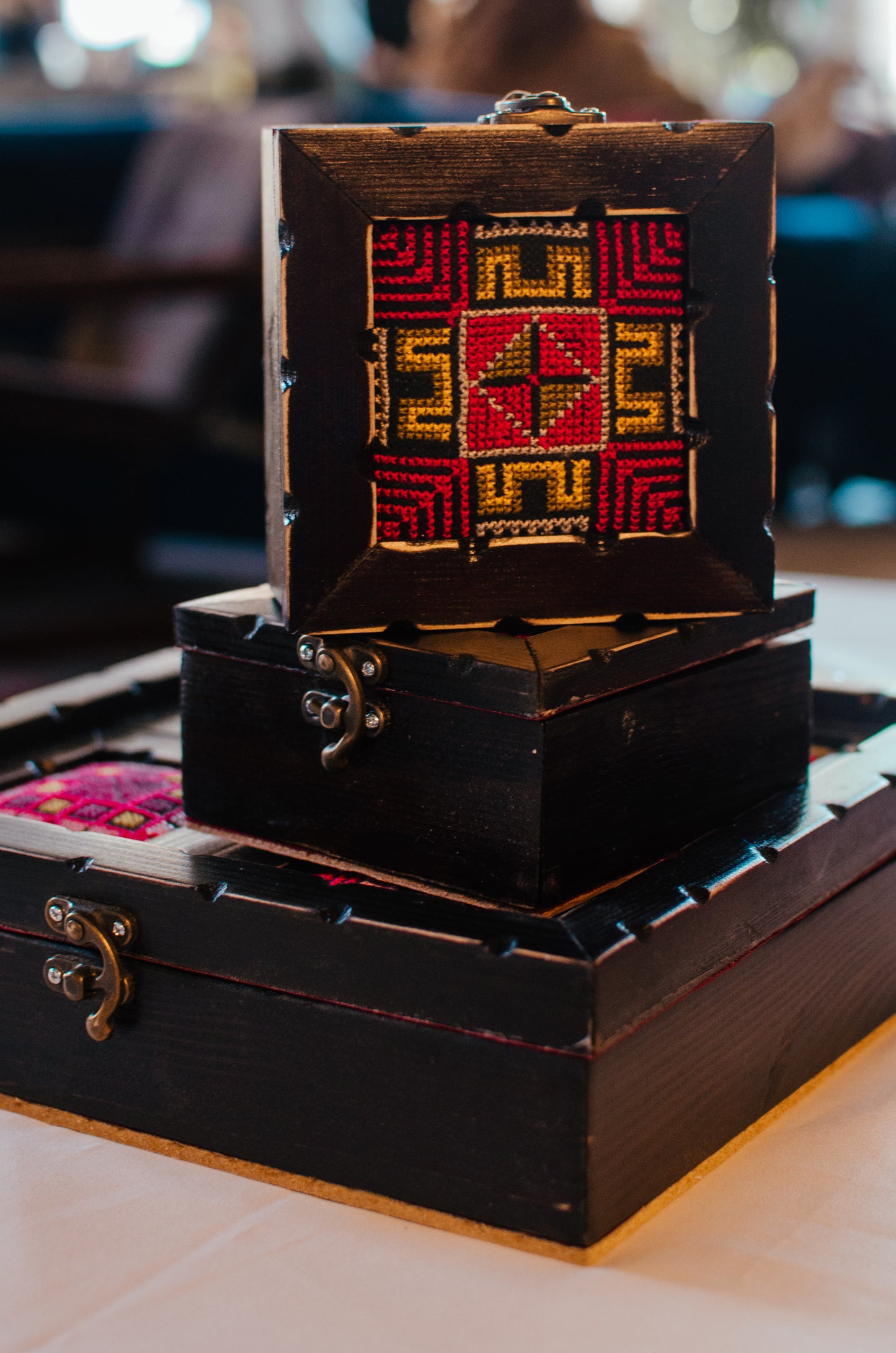 Tatreez Wooden Chest: Ramallah Disc of Feathers